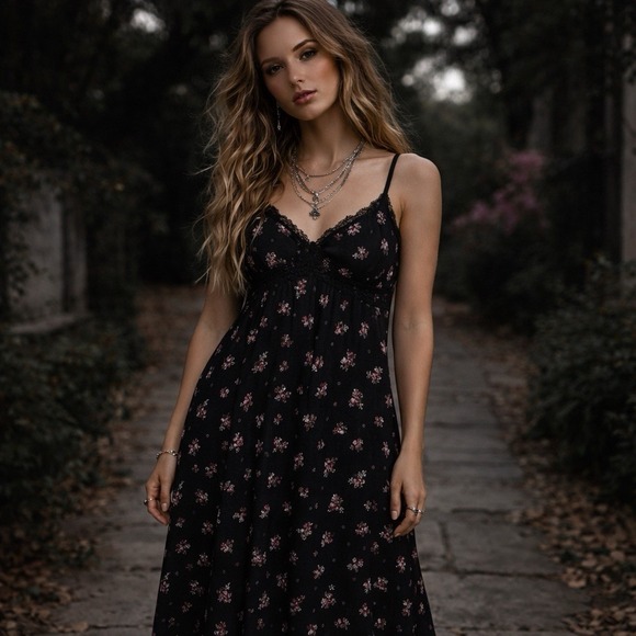 No Boundaries Dresses & Skirts - No Boundaries Dress M Black Floral Spagetti Shift Midi Smocked Empire Y2K Goth